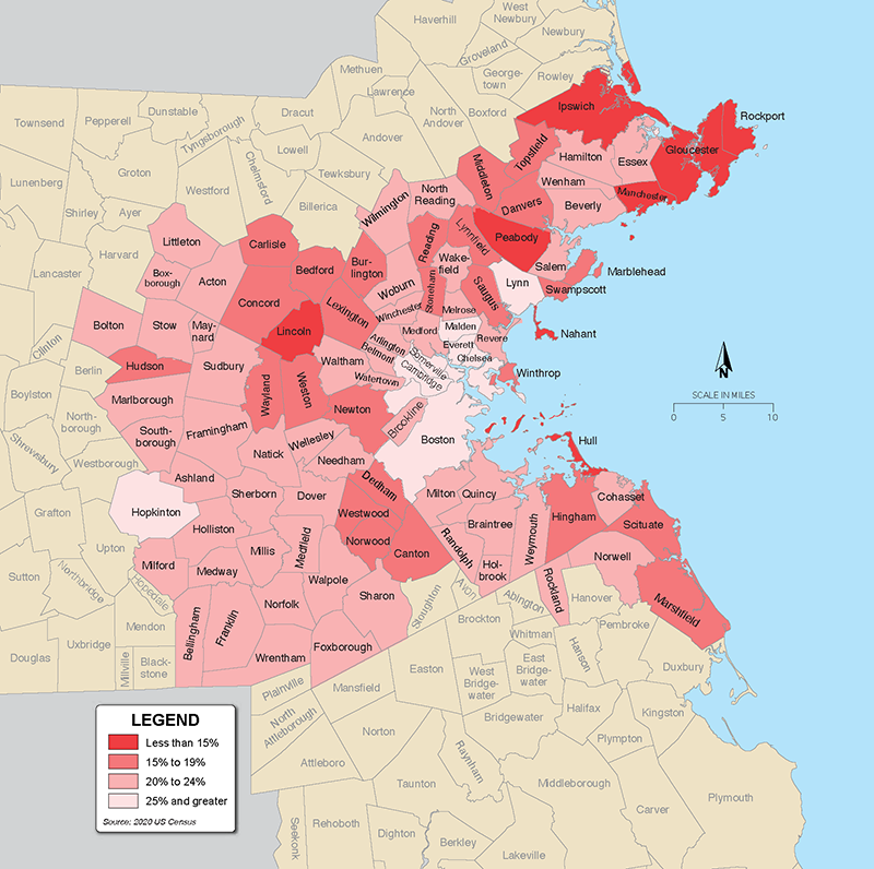 Figure 3-2 is a map that shows the percent of the population in the Boston region that is
aged 65 or older, by municipality.